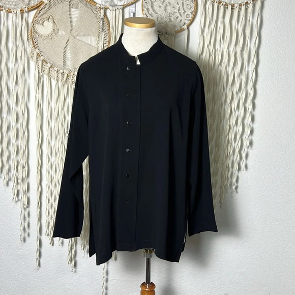 Blanque Black Long Sleeve Off Set Button Down Over shirt Jacket Lagenlook Size 1 - Picture 1 of 11